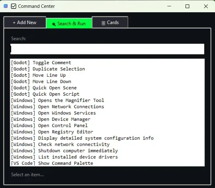CommandDB quick add search screenshot
